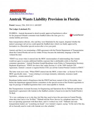 Amtrak Wants Liability Provision in Florida 